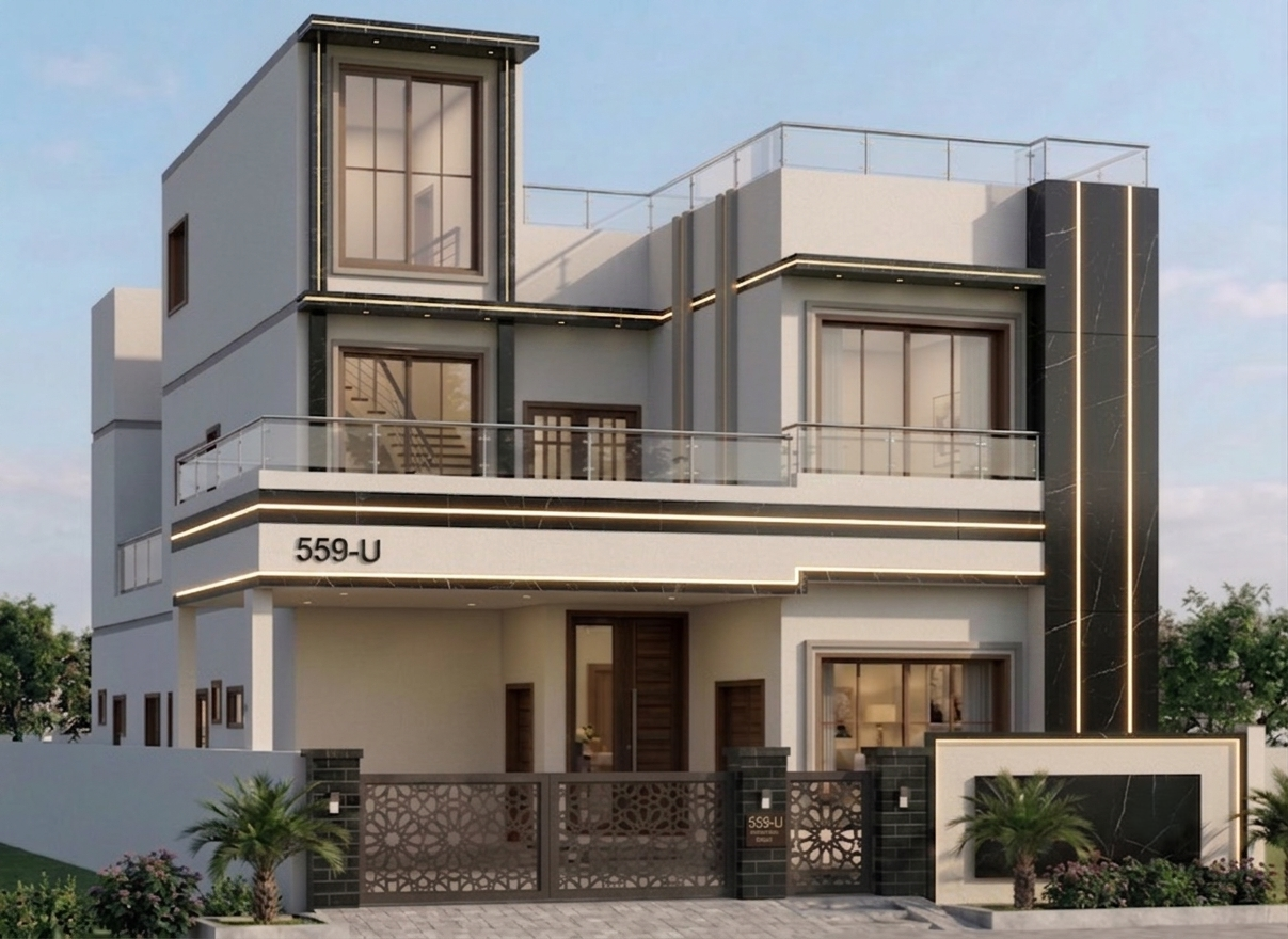 Contemporary residential home with landscaped approach