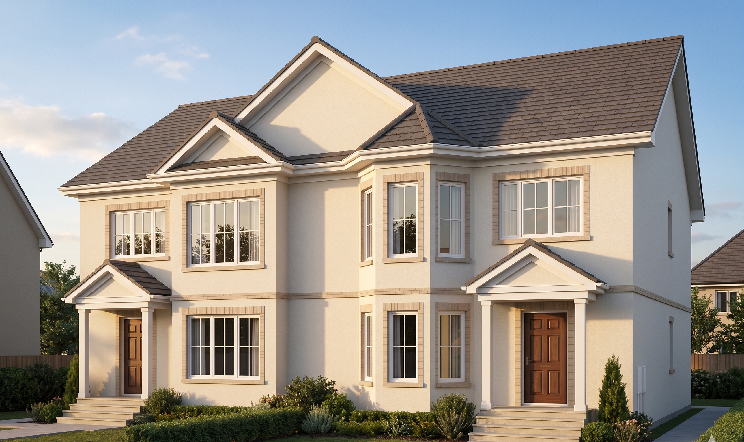 Elegant modern duplex with front lawns