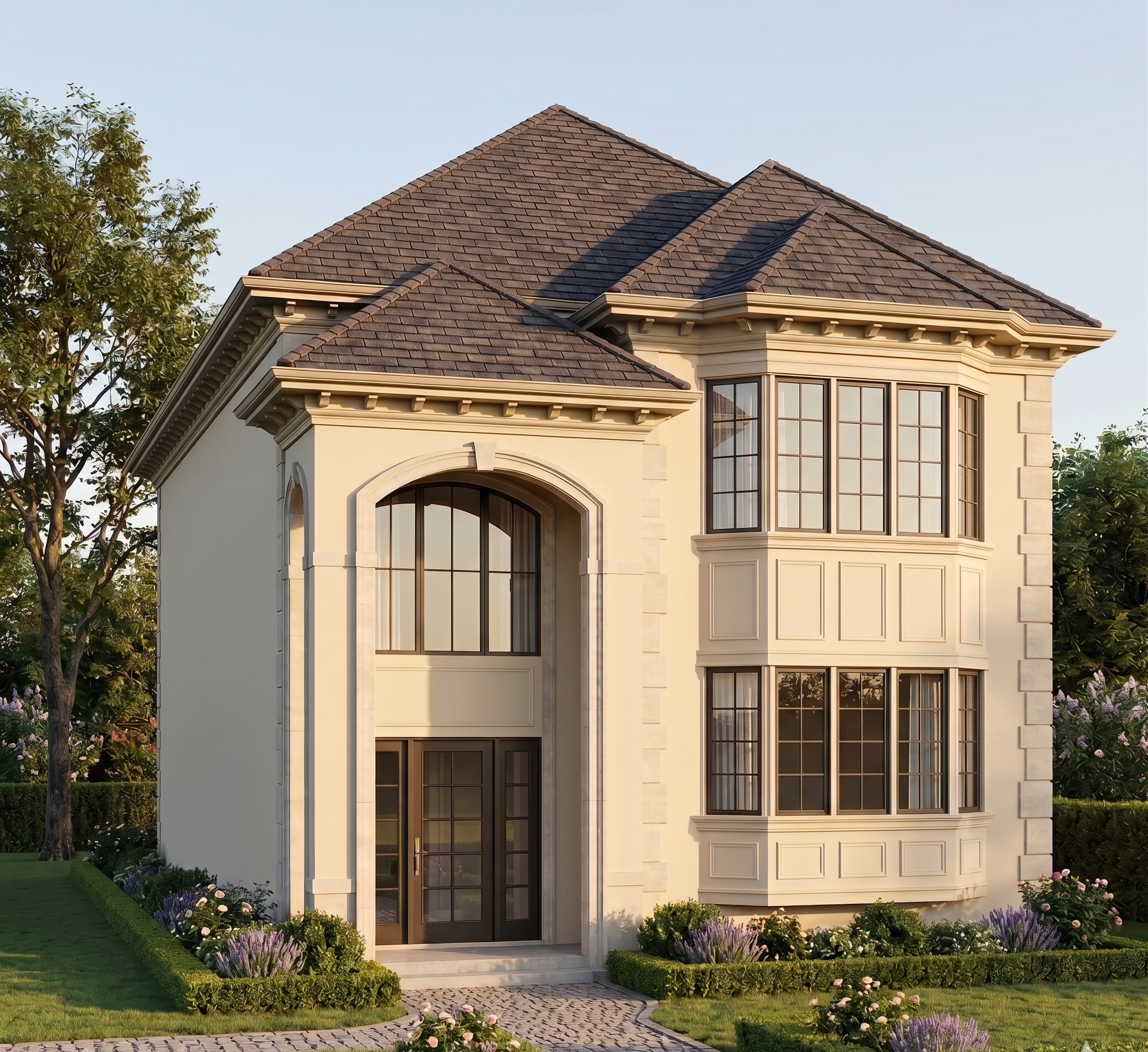 European-style cottage elevation with a cream façade, dark pitched roof, and a striking double-height arched entrance.