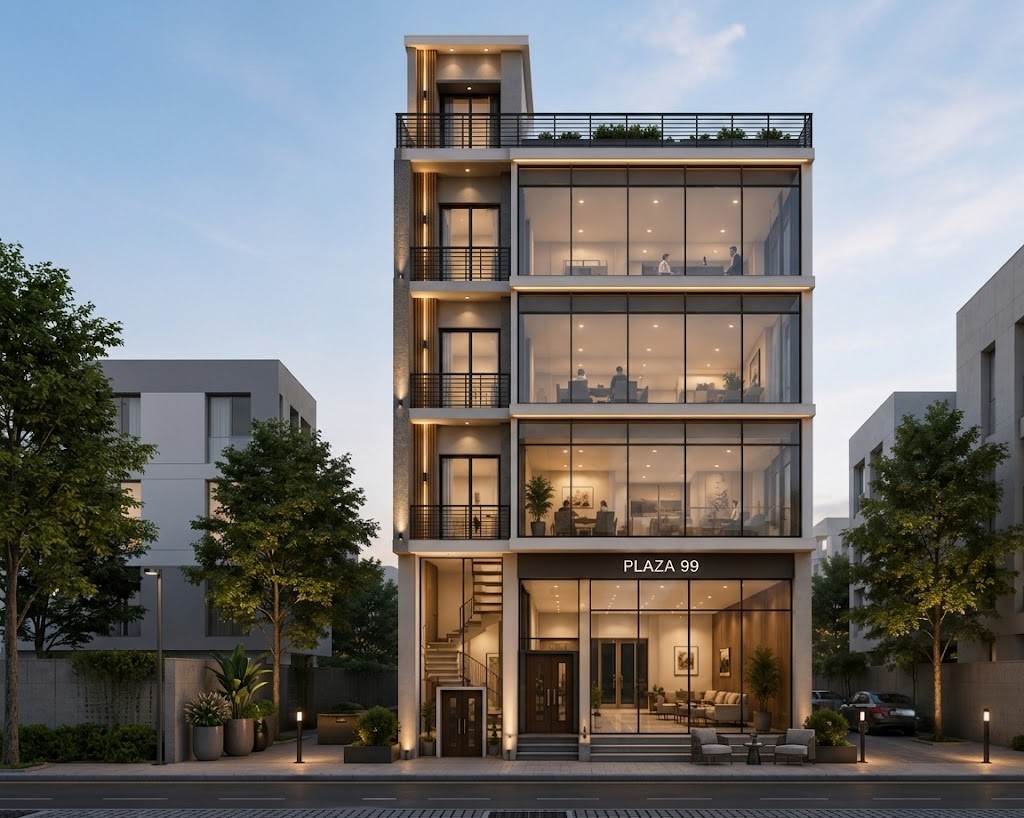 Contemporary commercial tower rising above the street
